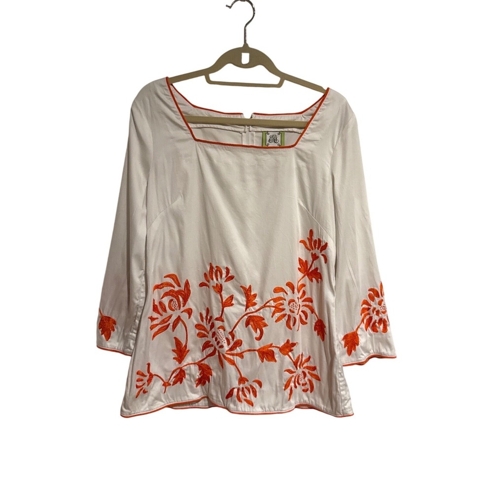 Elizabeth McKay Womans 10 White Orange Floral Embroidered Square Neck Blouse Top